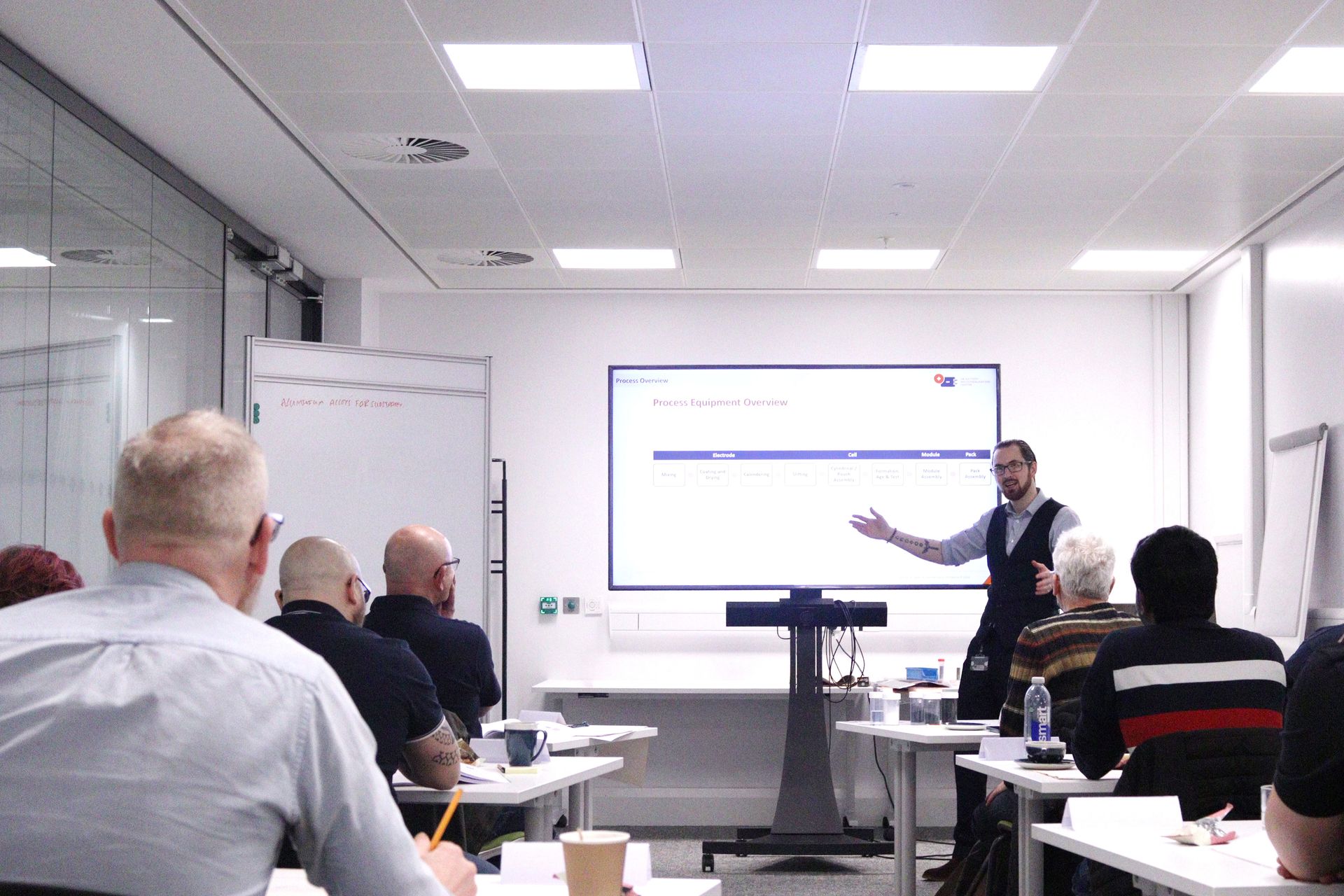 A UKBIC employee delivering th Introduction to Battery Manufacturing course in a classroom setting.
