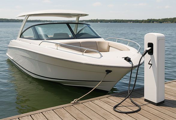 A small, white electric boat is docked and charging at an electric boat charging point.