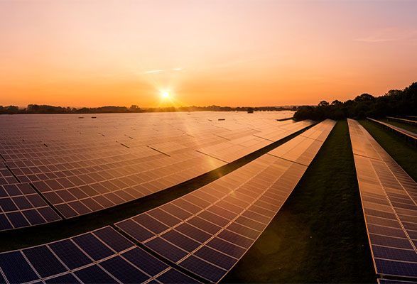 A panoramic image of a field containing many rows of solar panels. It is taken at sunset, with the sun visible in the background creating lots of orange hues in the image.