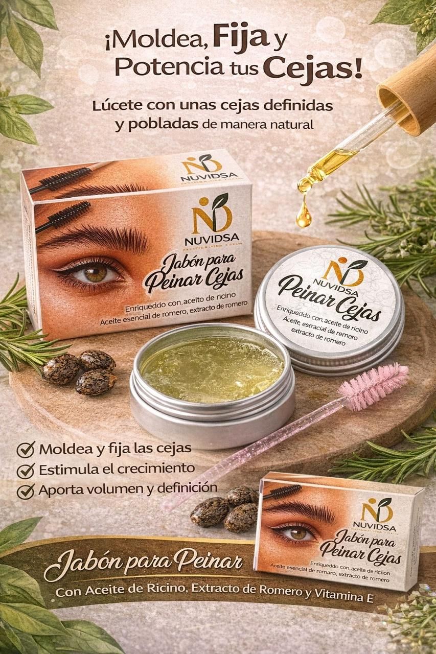 Anuncio del jabón para cejas Numena con una lata, un cepillo y una caja de producto, que muestra los beneficios