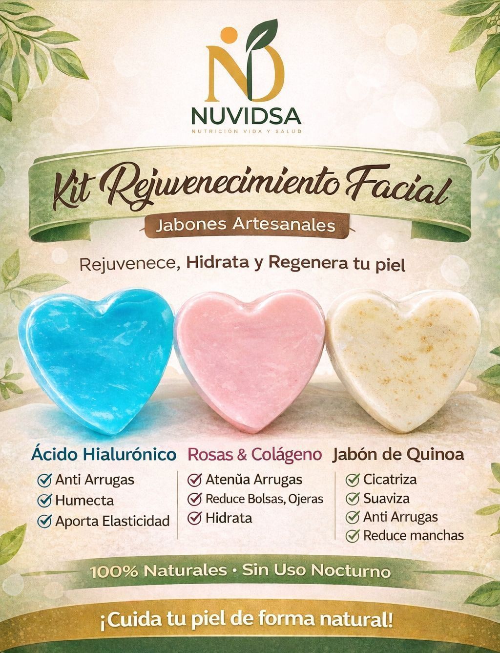 Folleto promocional del kit facial Nuvidsa con tres jabones en forma de corazón: ácido hialurónico, rosa/colágeno y quinoa.