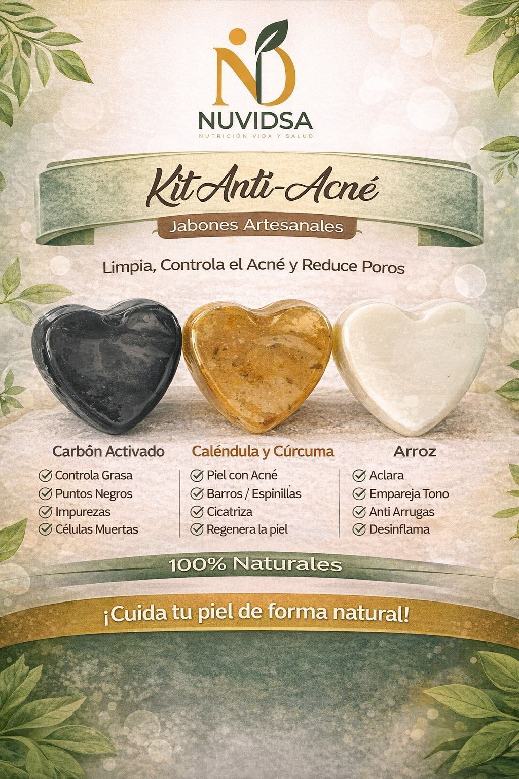 Anuncio del kit antiacné de Nuvidsa que presenta tres jabones artesanales naturales en forma de corazón