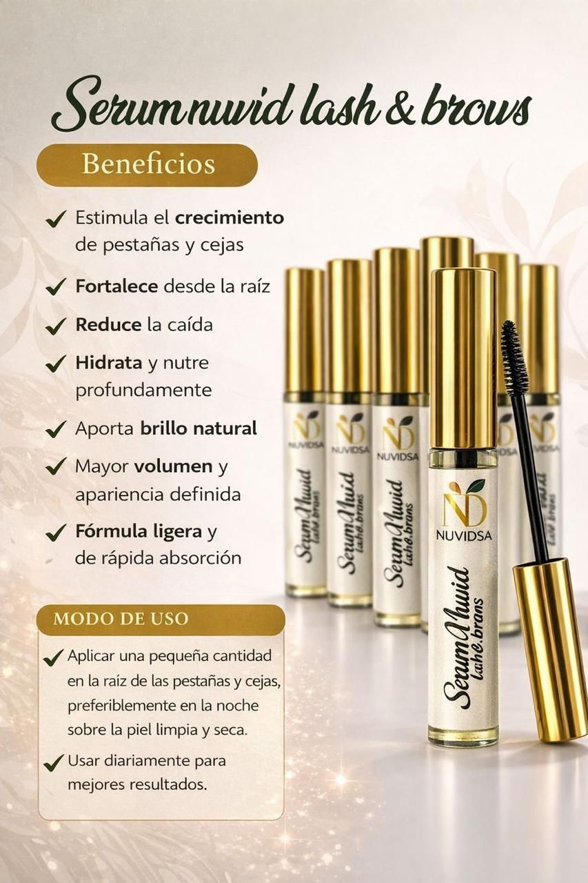 Un anuncio del sérum para pestañas y cejas Nuvid, que muestra varios tubos con tapa dorada