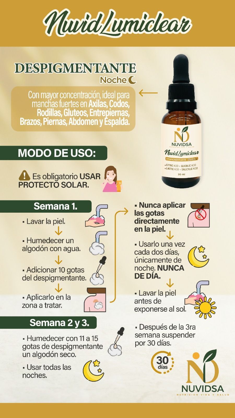 Frasco del sérum nocturno Nuvid Lumiclear, con ácidos que iluminan y renuevan la piel, sobre un fondo suave de tonos claros.