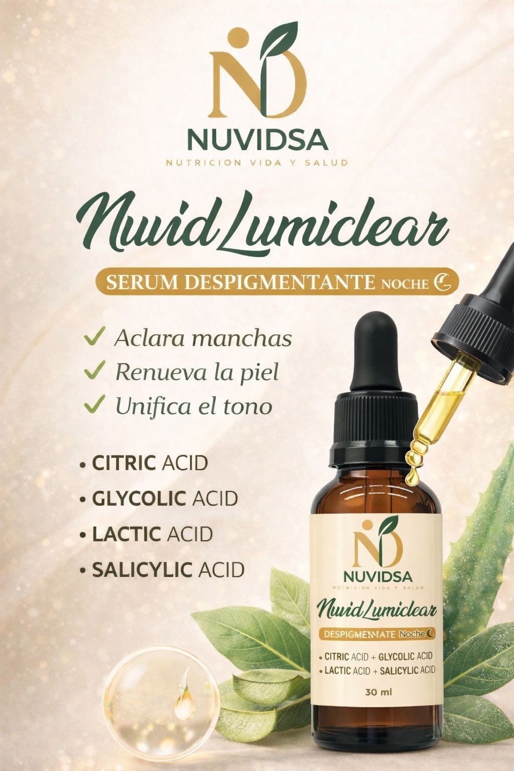 Frasco del sérum nocturno Nuvid Lumiclear, con ácidos que iluminan y renuevan la piel, sobre un fondo suave de tonos claros.