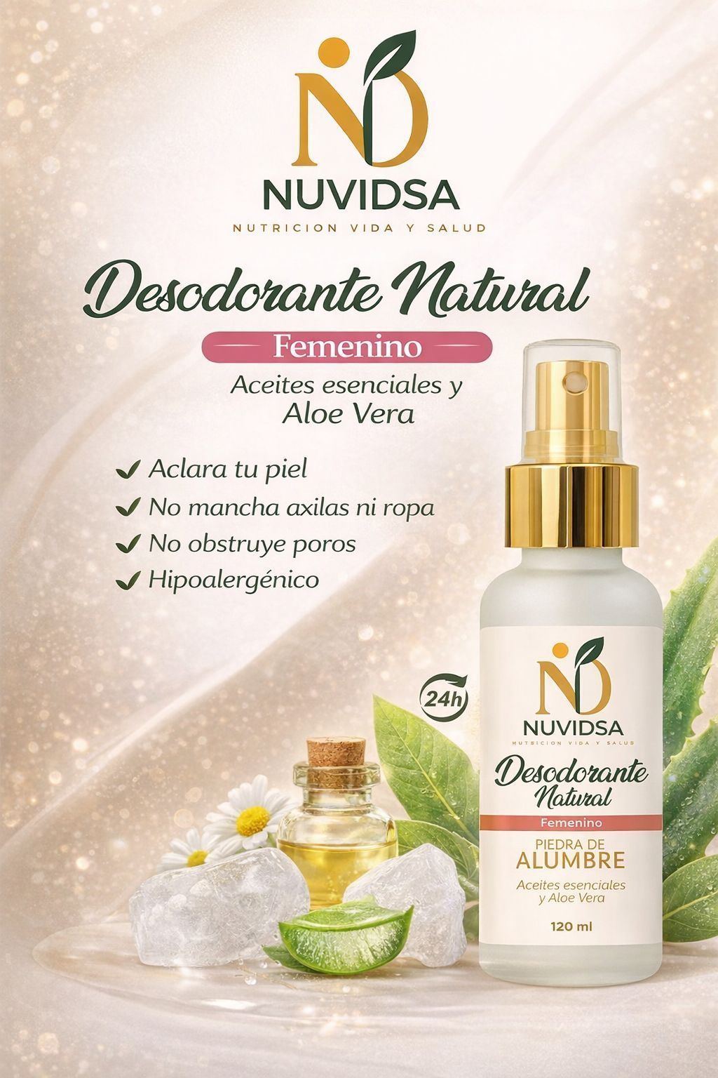 Desodorante femenino natural en spray Nuvidsa, en botella, con aloe vera, aceites esenciales .