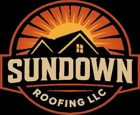 Sundown Roofing LLC logo with orange sun, black house roof, and cream text on black background