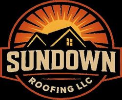 Sundown Roofing LLC logo with orange sun, black house roof, and cream text on black background