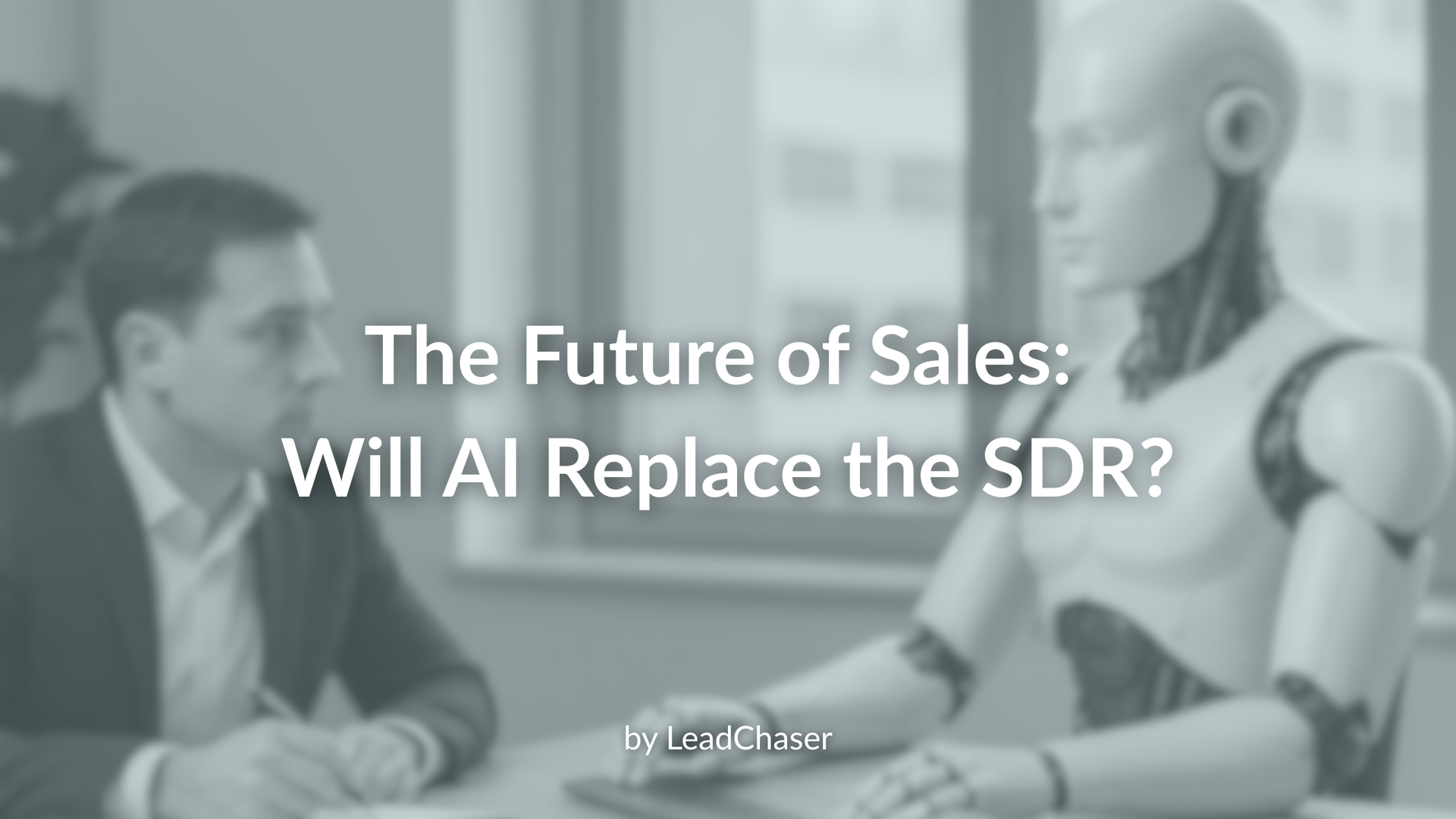 Blurred image of a man and a robot in a meeting. Text: 