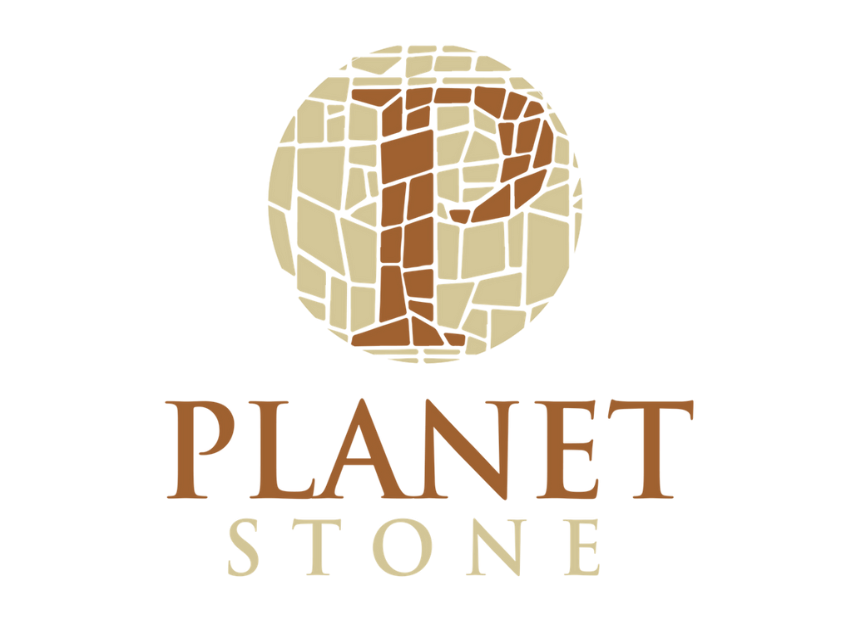 Logo for Planet Stone featuring a letter P rendered in brown stone tiles inside a circular beige mosaic background.