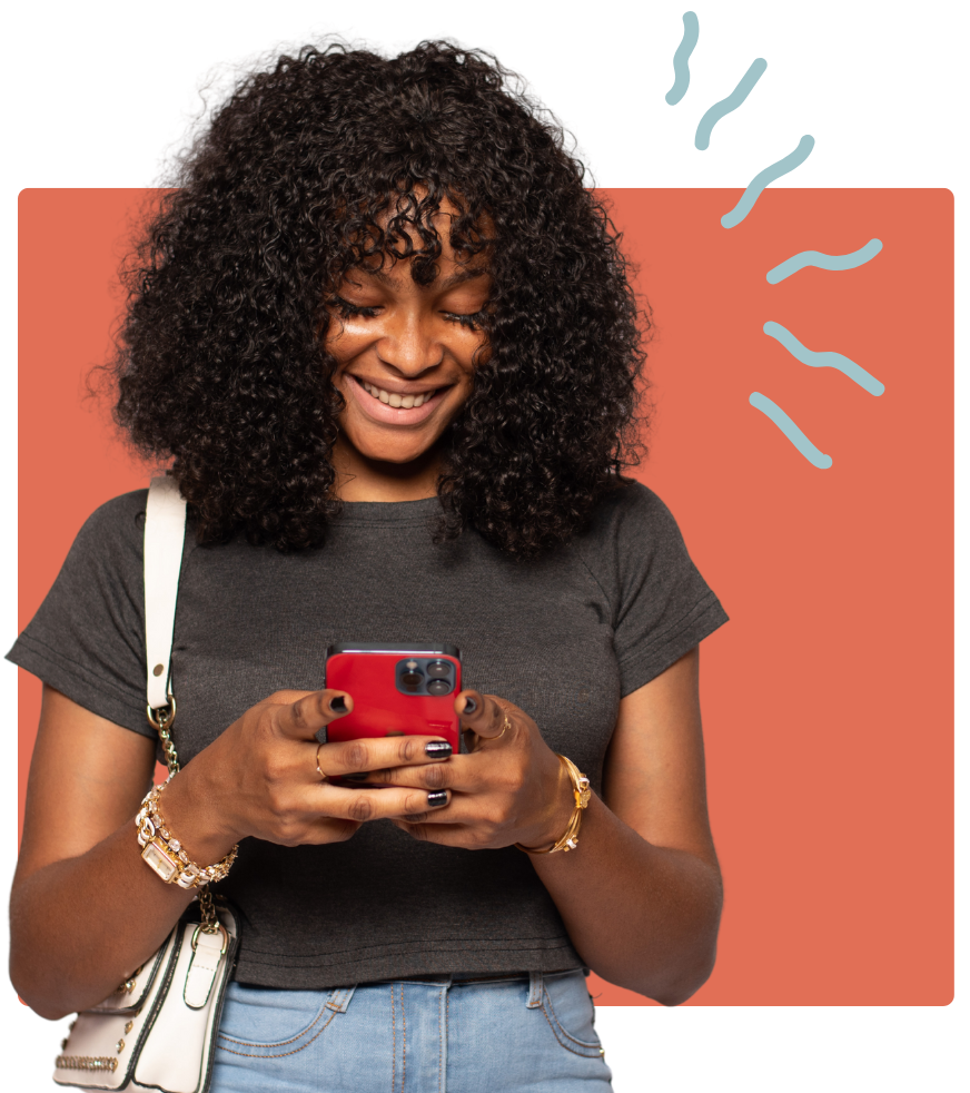 A person smiling while looking at a red smartphone, set against a coral background with abstract light-blue wavy lines.