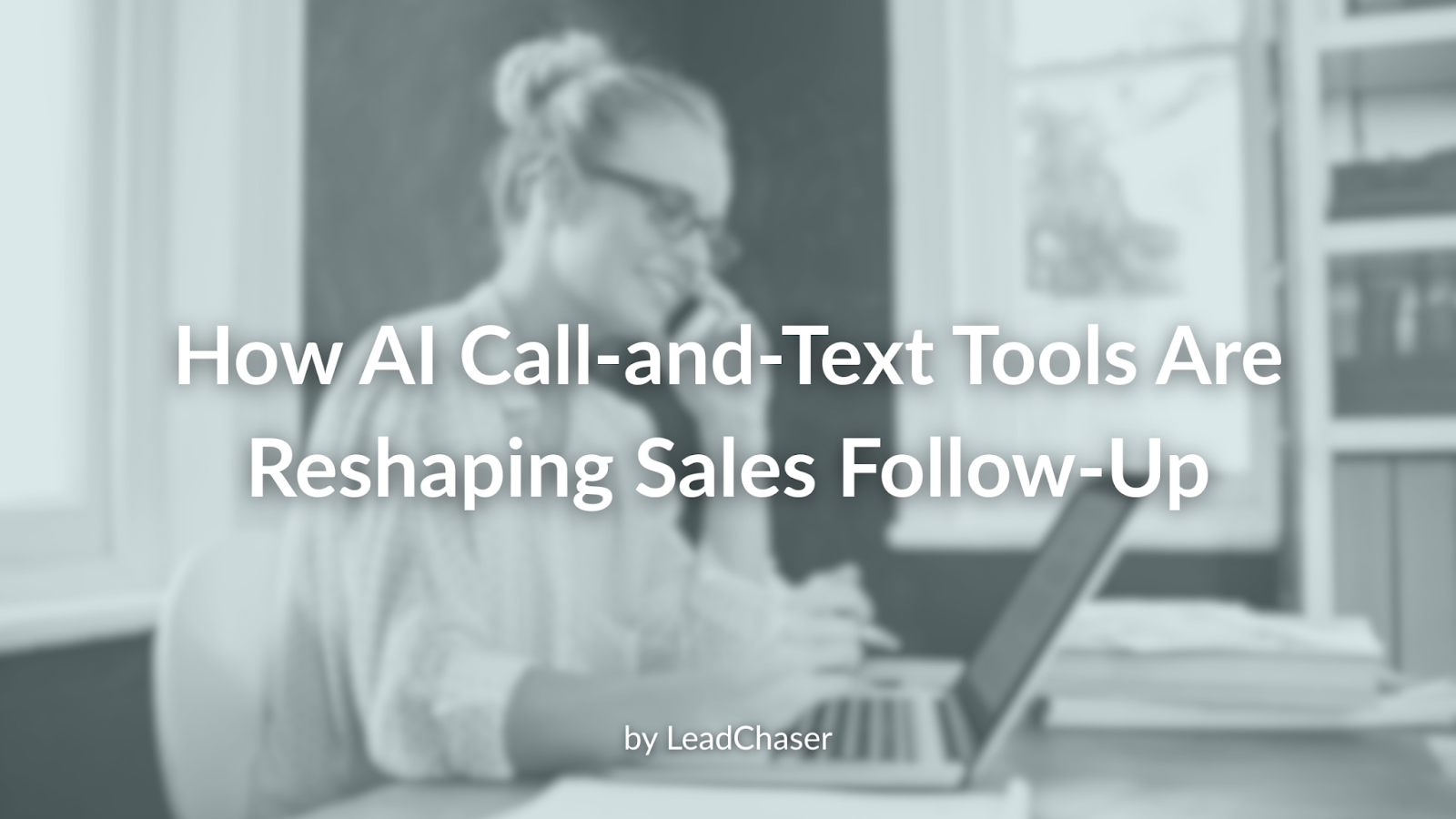 Woman on a call and using a laptop, text reads 