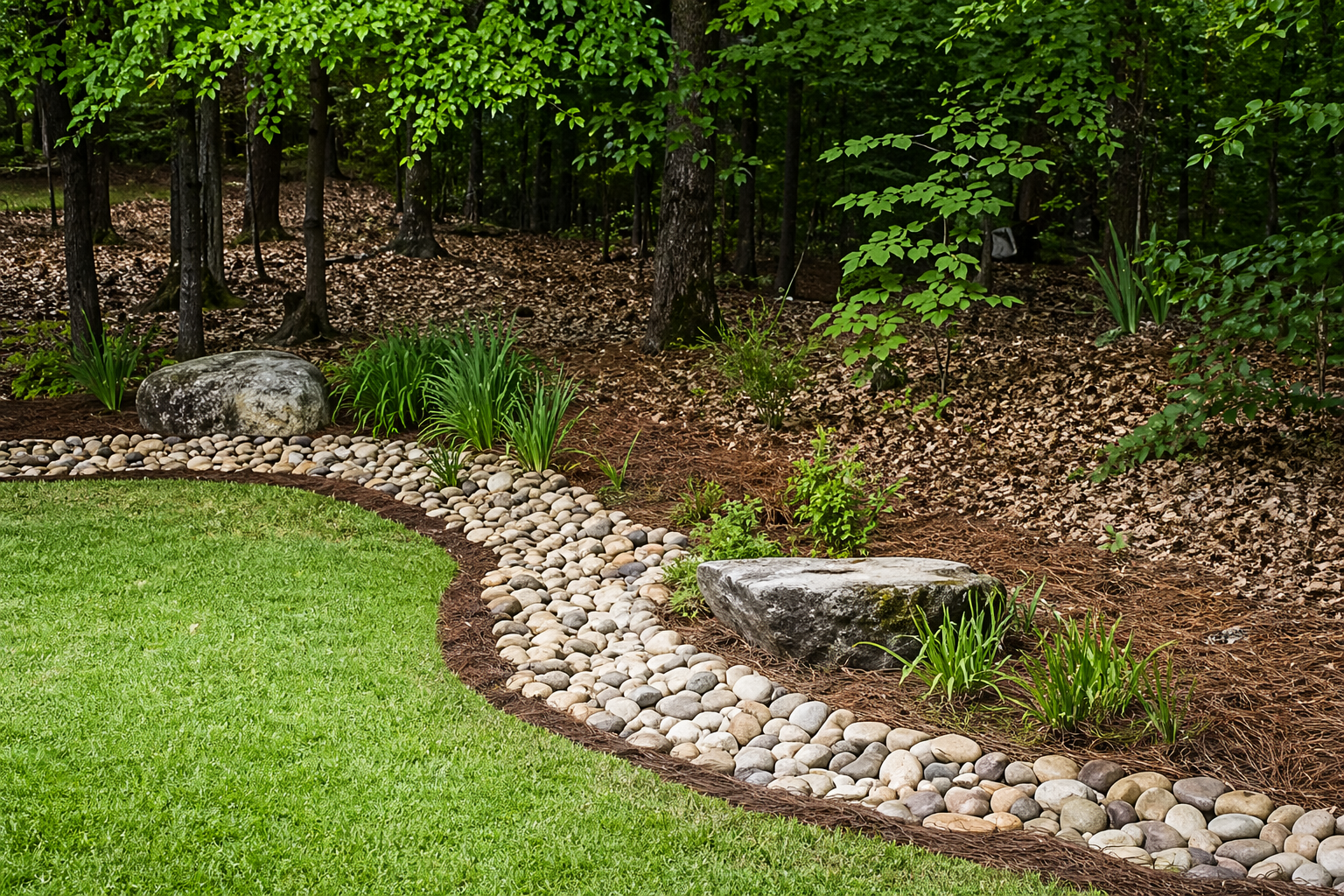 A dark brown downspout drains water into a metal trench grate installed in a paved brick walkway next to a stone wall.