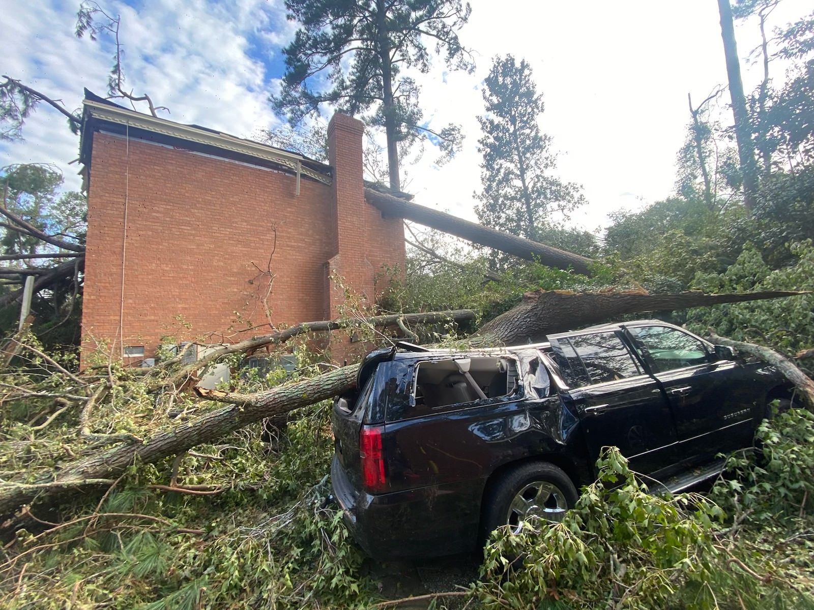 Black SUV crushed by fallen tree beside a brick house in a wooded area