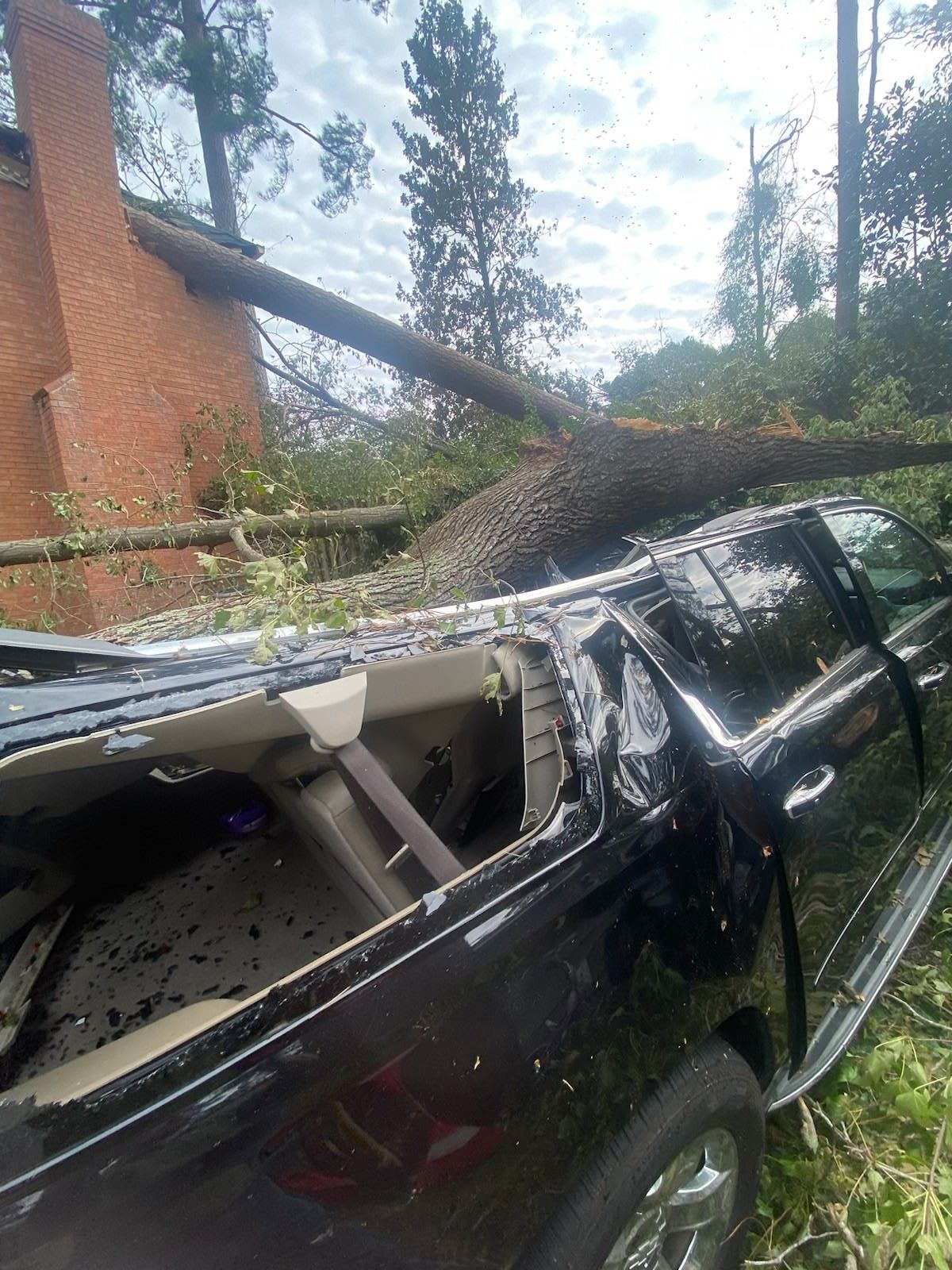 Black SUV crushed by a fallen tree and power line near a brick building after storm damage