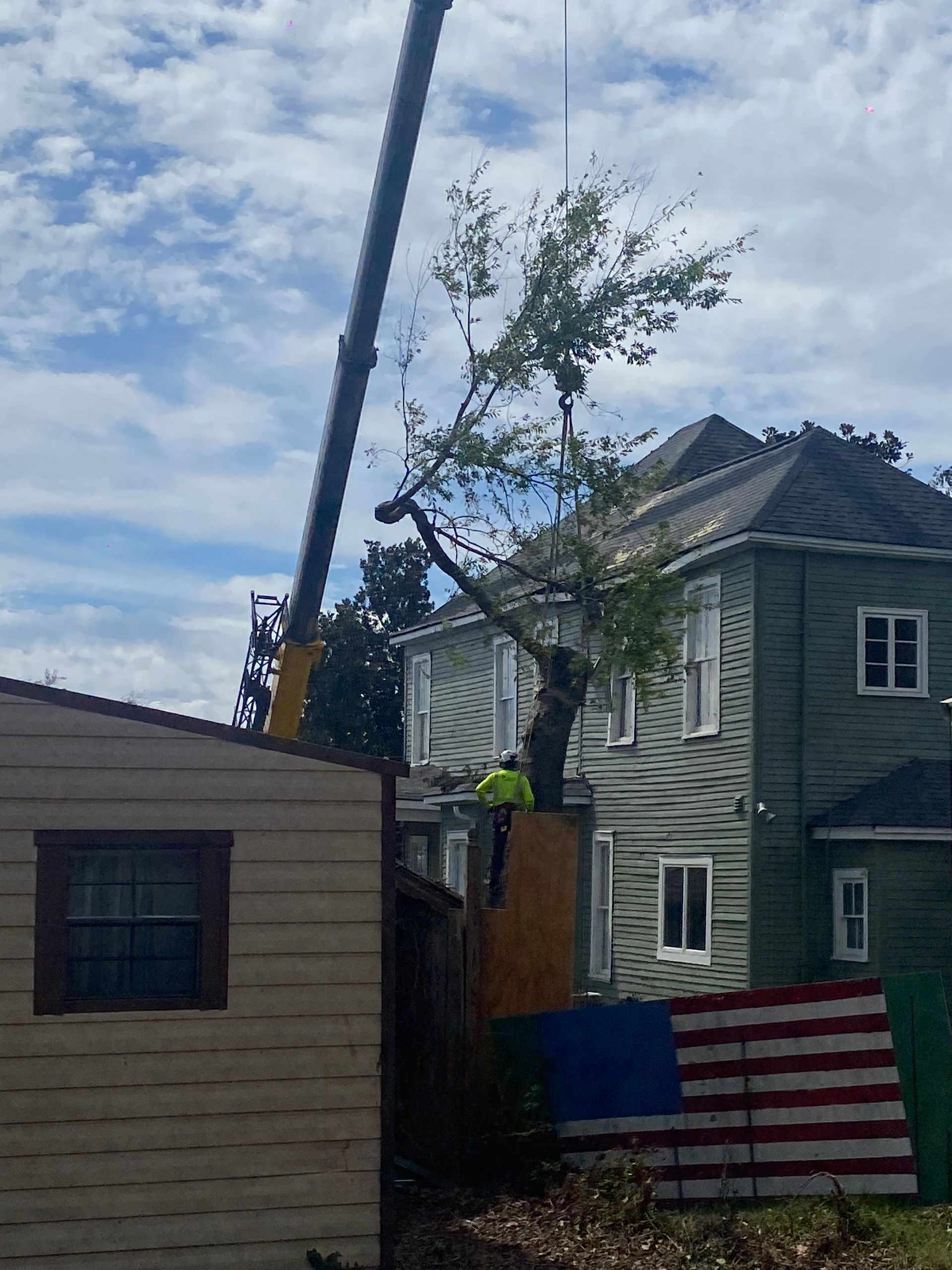 Tree worker in a bucket lift trimming branches beside a house, with an American flag draped below.