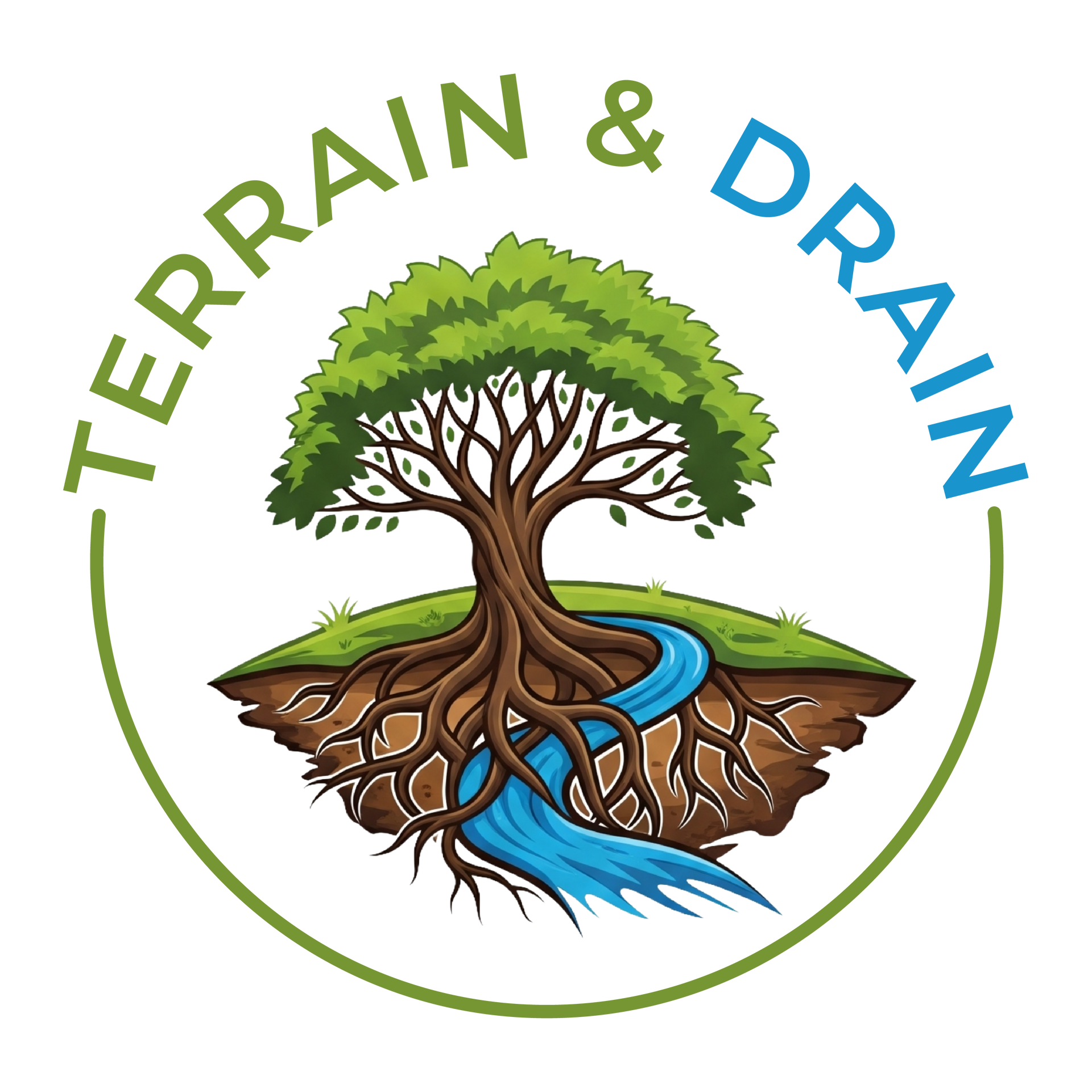 Terraindrain logo with a tree over soil and roots, green and blue water flowing beneath, text “TERRAIN & DRAIN”