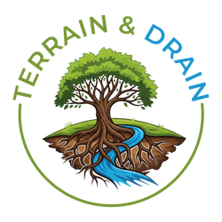 Terraindrain logo with a tree over soil and roots, green and blue water flowing beneath, text “TERRAIN & DRAIN”
