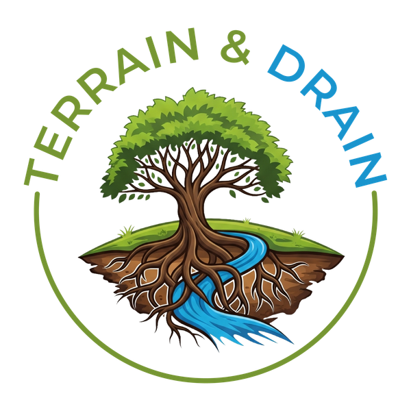 Terraindrain logo with a tree over soil and roots, green and blue water flowing beneath, text “TERRAIN & DRAIN”