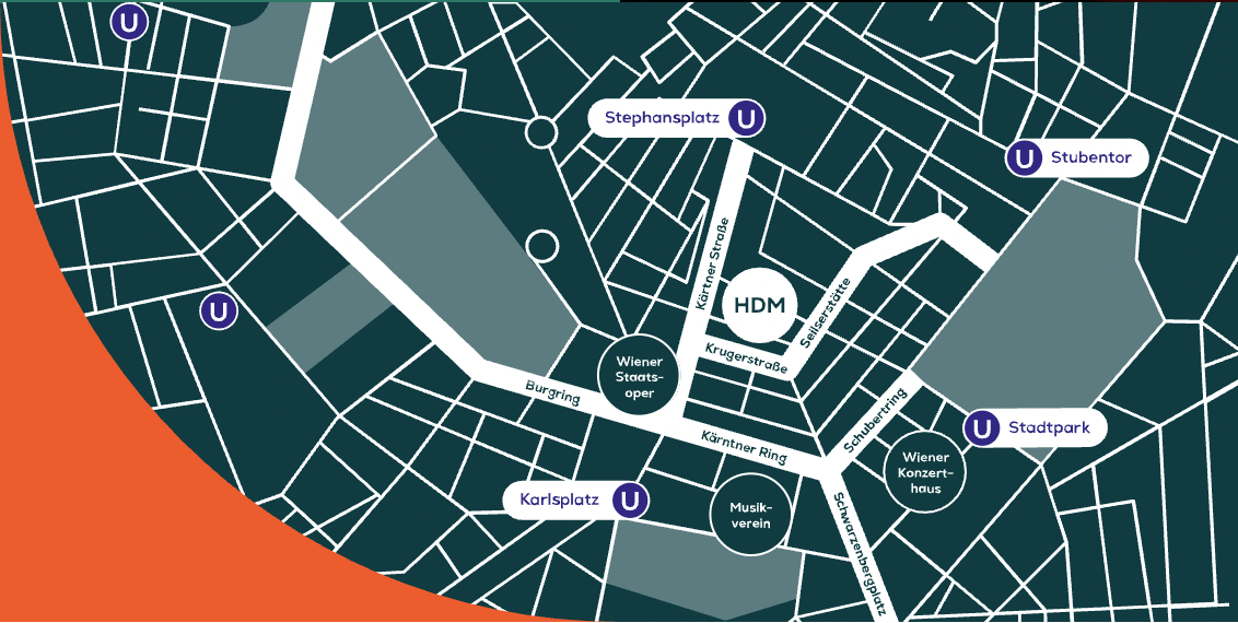 Map showing the location of Haus der Musik in central Vienna near the State Opera, with nearby U-Bahn stations Stephansplatz, Karlsplatz, Stubentor, and Stadtpark.