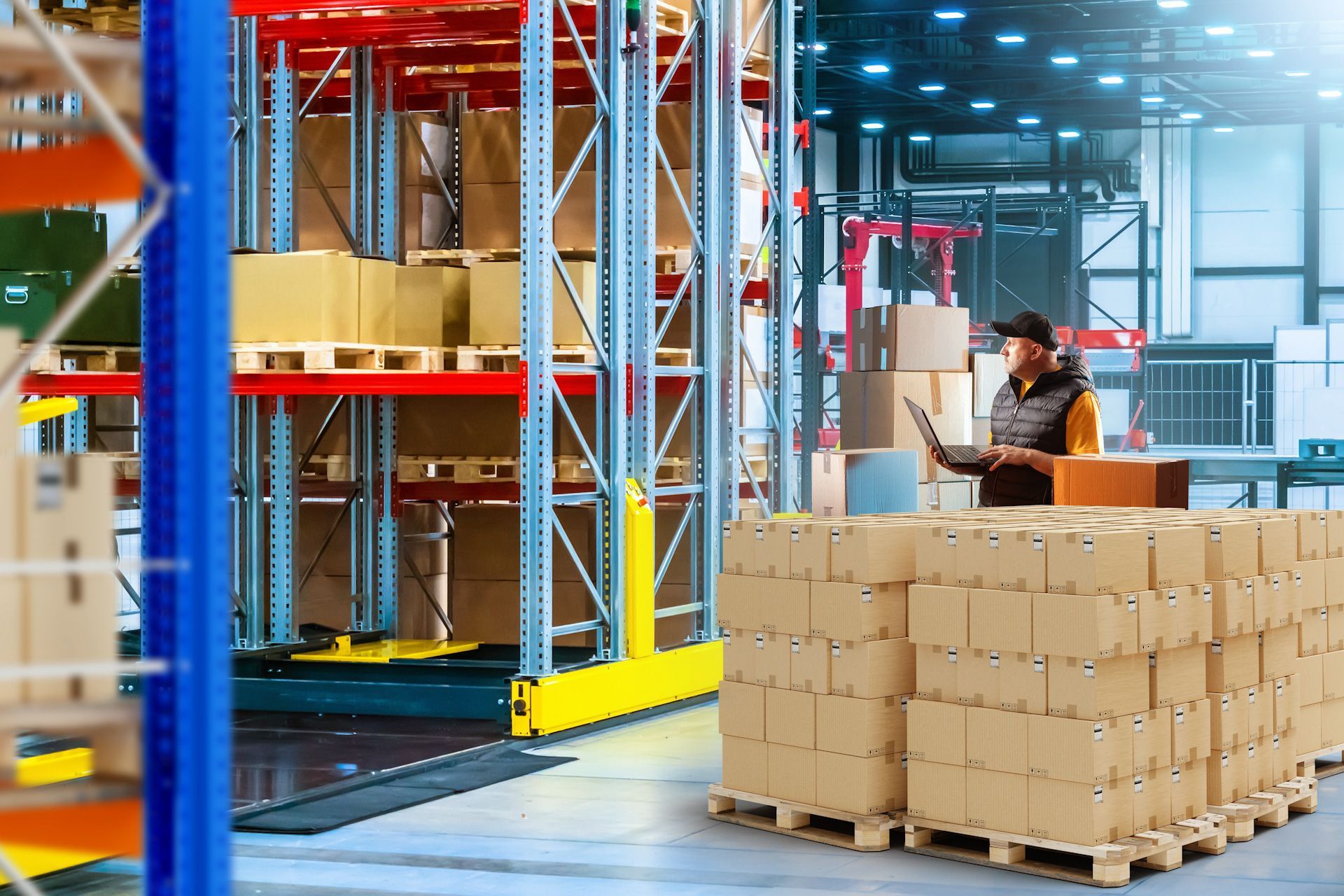 A man is working on a laptop in a warehouse.