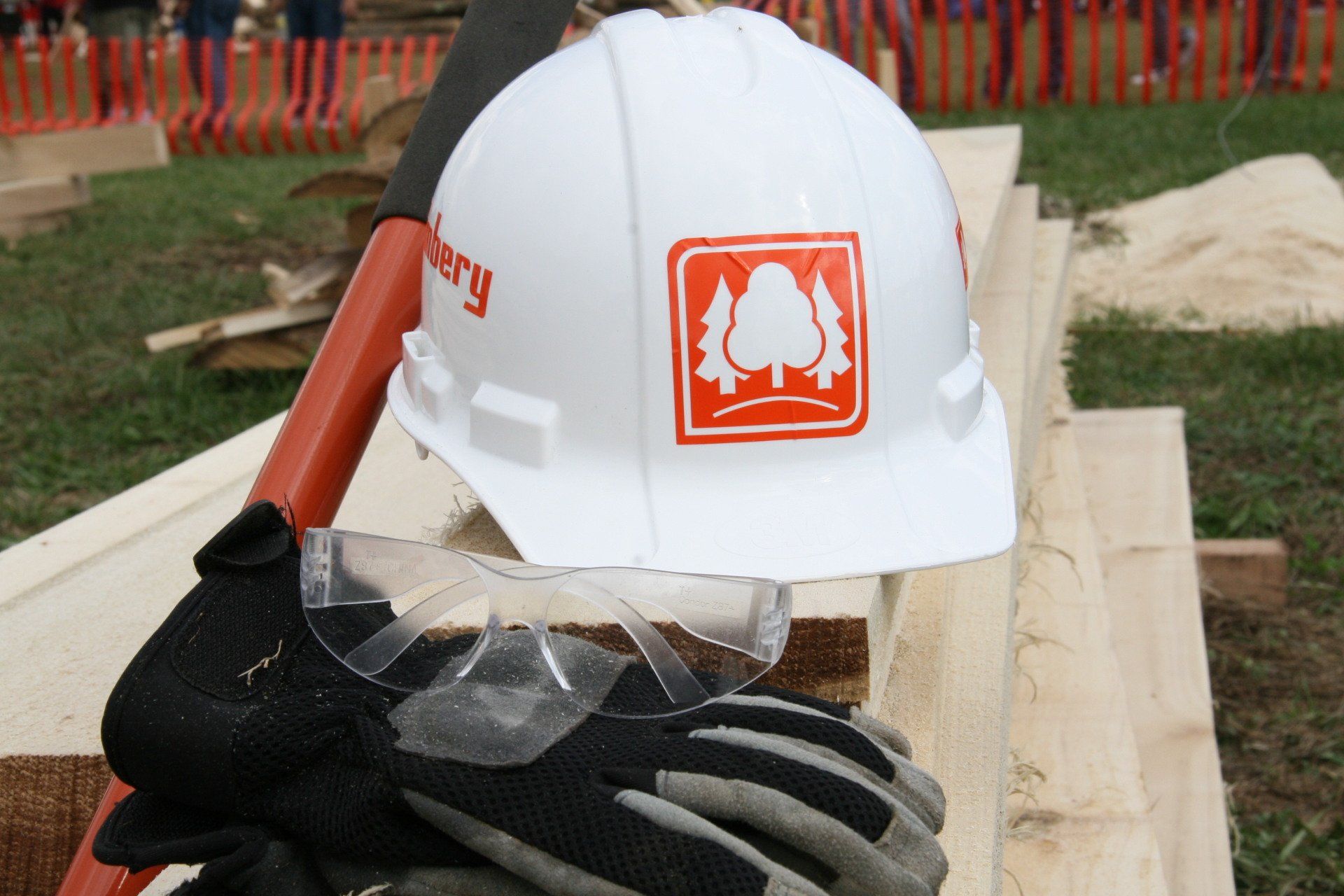 Timbery hat gloves and safety glasses