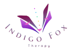 A logo for indigo fox therapy with purple feathers