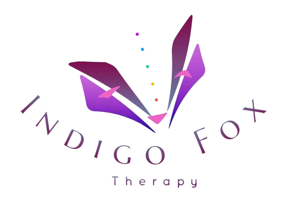 A logo for indigo fox therapy with purple feathers