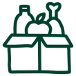 A green icon of a cardboard box filled with a bottle, an apple, and a chicken leg.