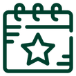 Dark green outline icon of a calendar with a five-pointed star on the page.