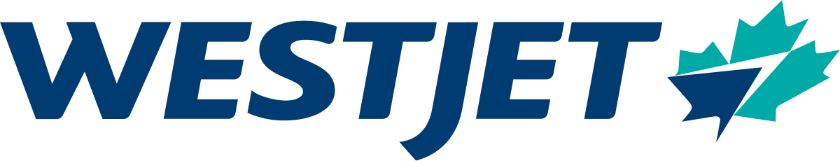 WestJet logo: Dark blue text and Canadian maple leaf symbol with shades of blue and teal.