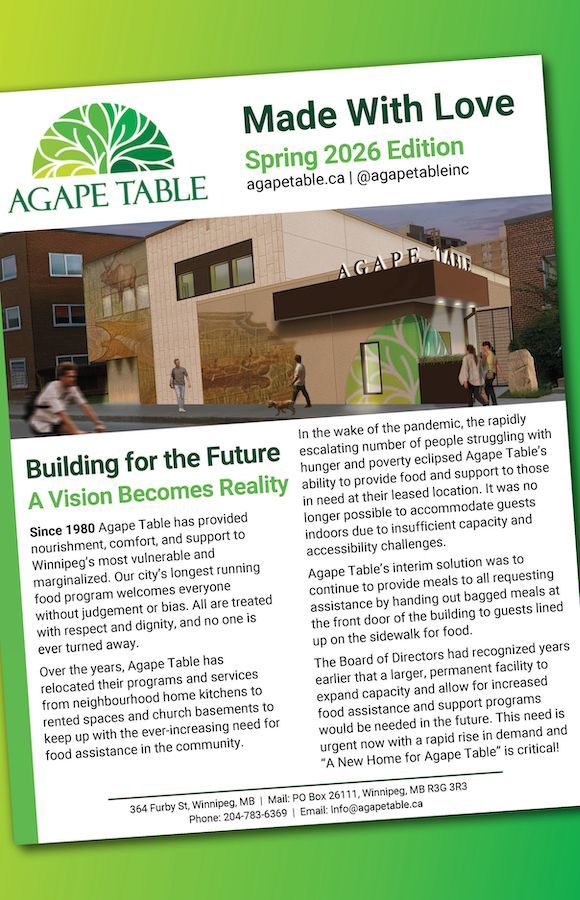 A green and white image that says Agape Table Nourishing Community newsletter