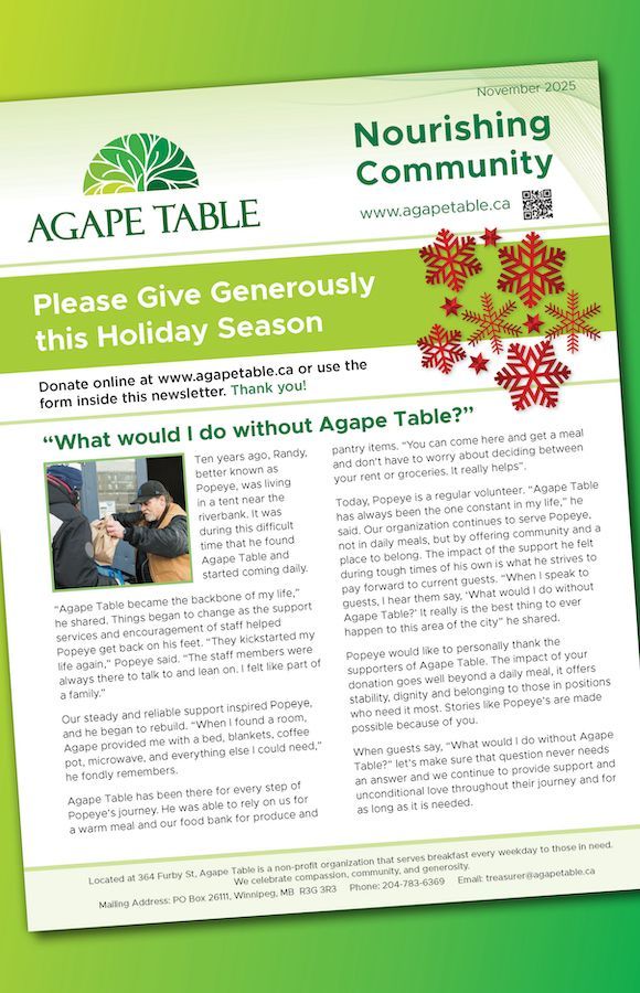 A green and white image that says Agape Table Nourishing Community newsletter