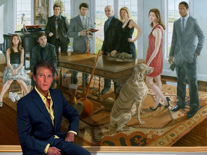 John Varriano, American Artist seated in front of the commissioned oil painting for the Cappuccino Family