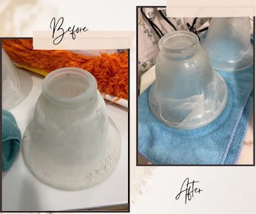 Before and after photos of a glass lampshade. Before: dusty, frosted appearance. After: Clean, clear appearance.