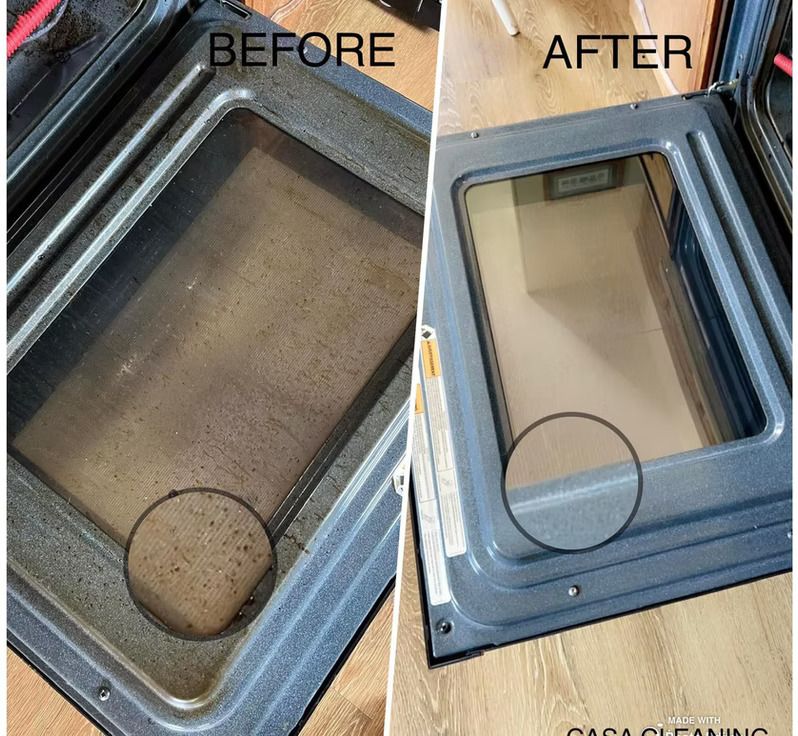 Comparison of an oven door before and after cleaning. The 