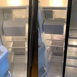 Two refrigerator interiors, empty with shelves and icemaker in the top.