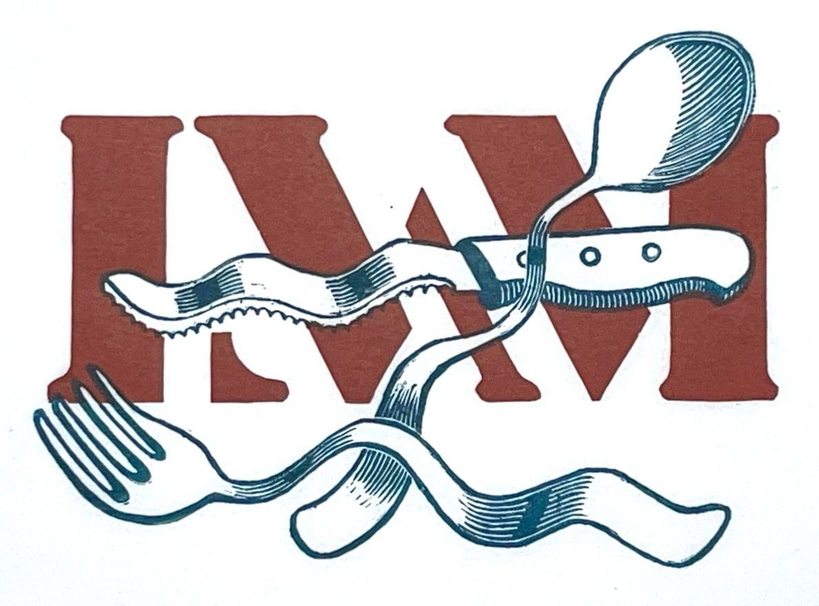 Een tekening van een vork en lepel met de letters op de achtergrond