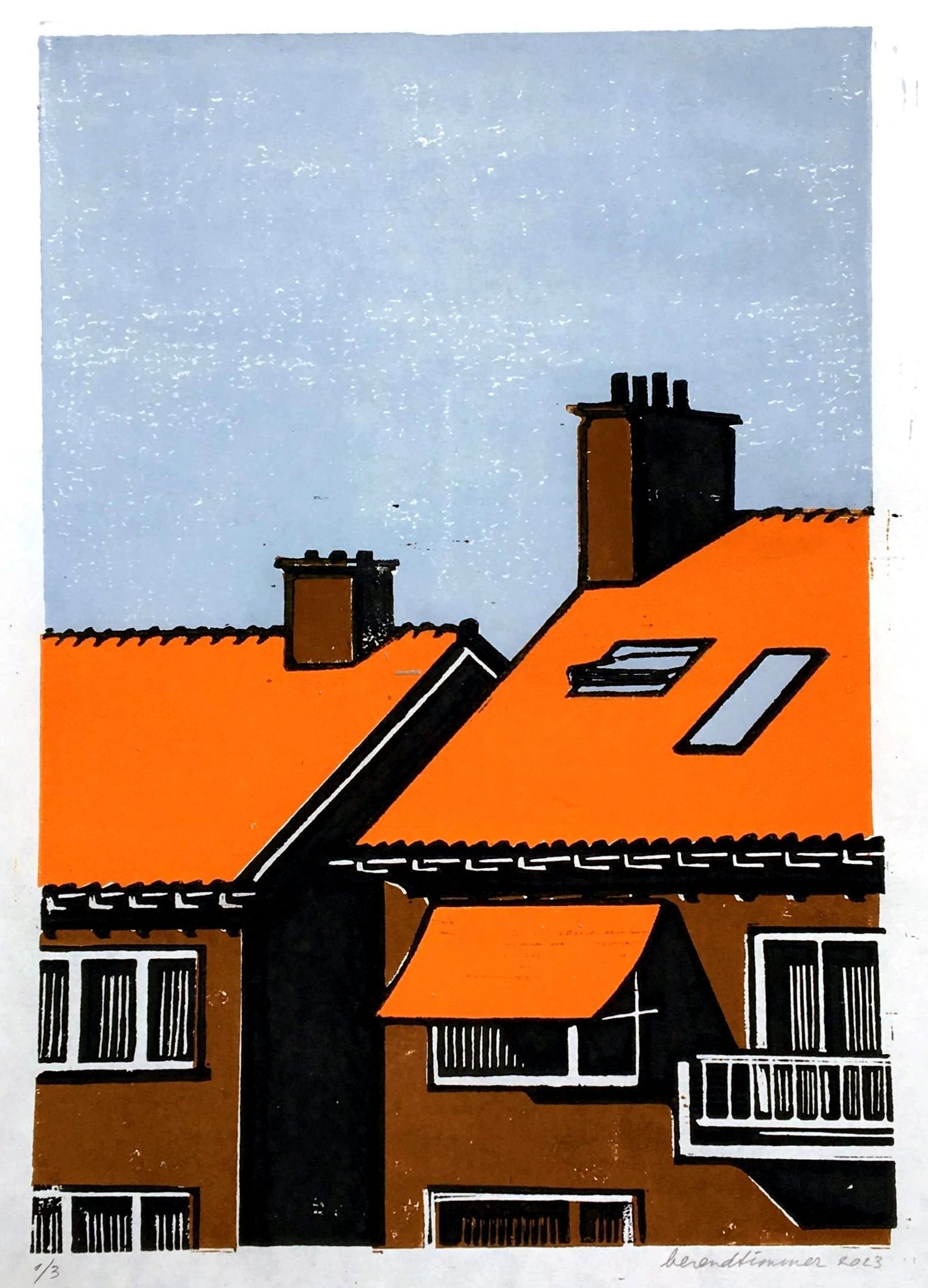 Een linosnede van een huis met een oranje dak