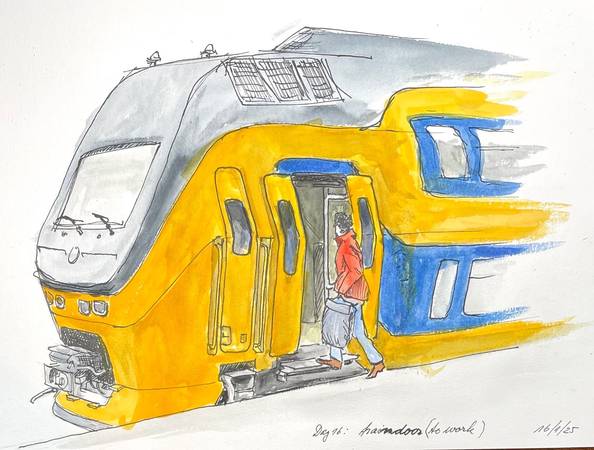 Gele en blauwe dubbeldekkertrein met open deur, een persoon stapt in.