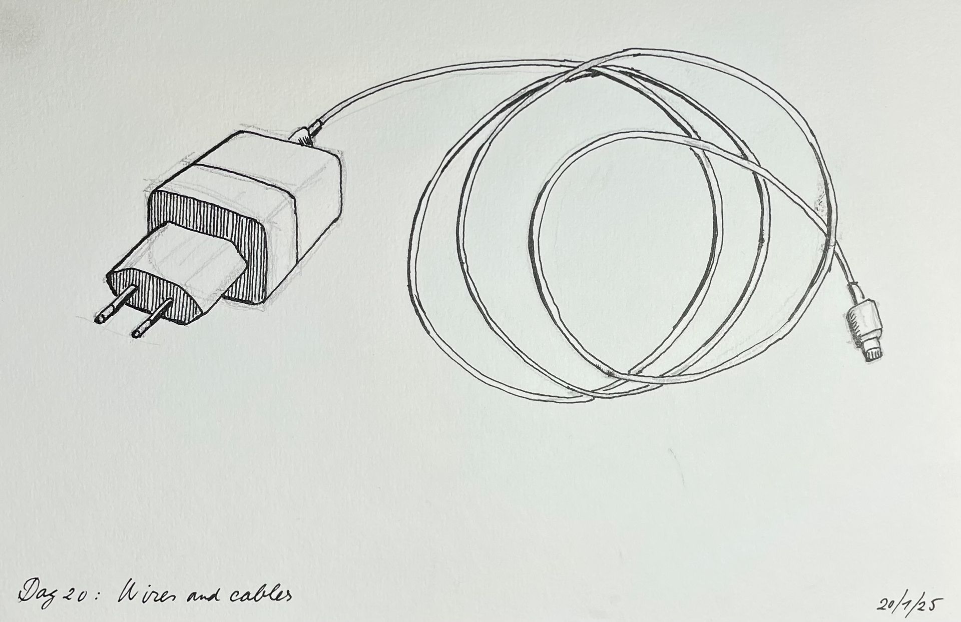 Schets van een telefoonoplader, met de stekker en het snoer opgerold.