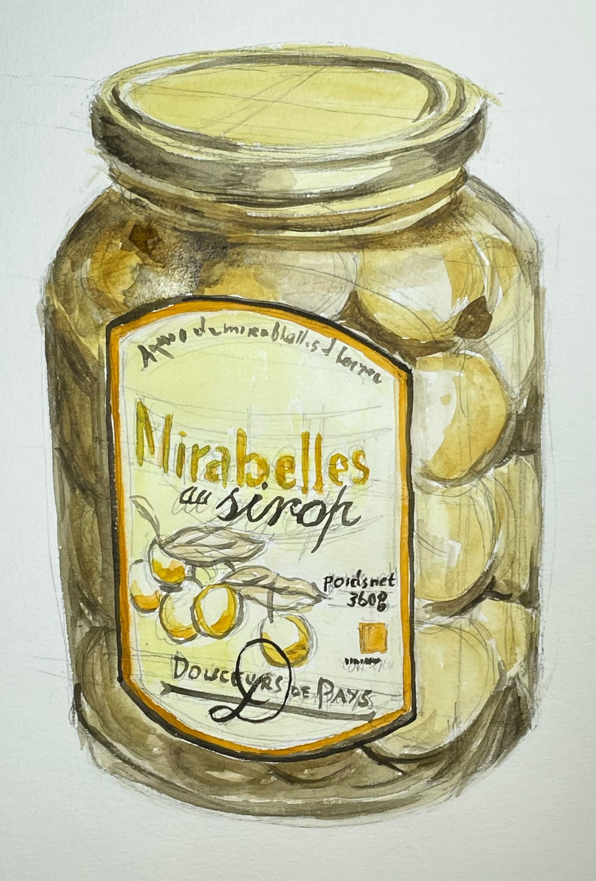 Pot met mirabellenpruimen in siroop; etiket met fruitafbeelding.