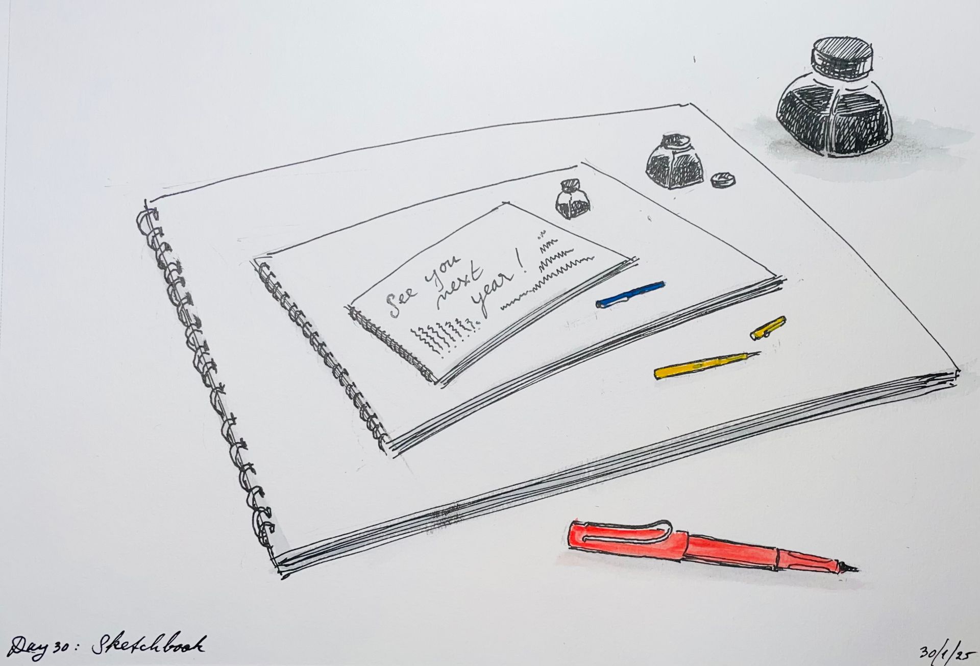 Schets van opgestapelde papierblokken, inktflesjes, pennen en een rood potlood. Tekst op het binnenste vel papier.