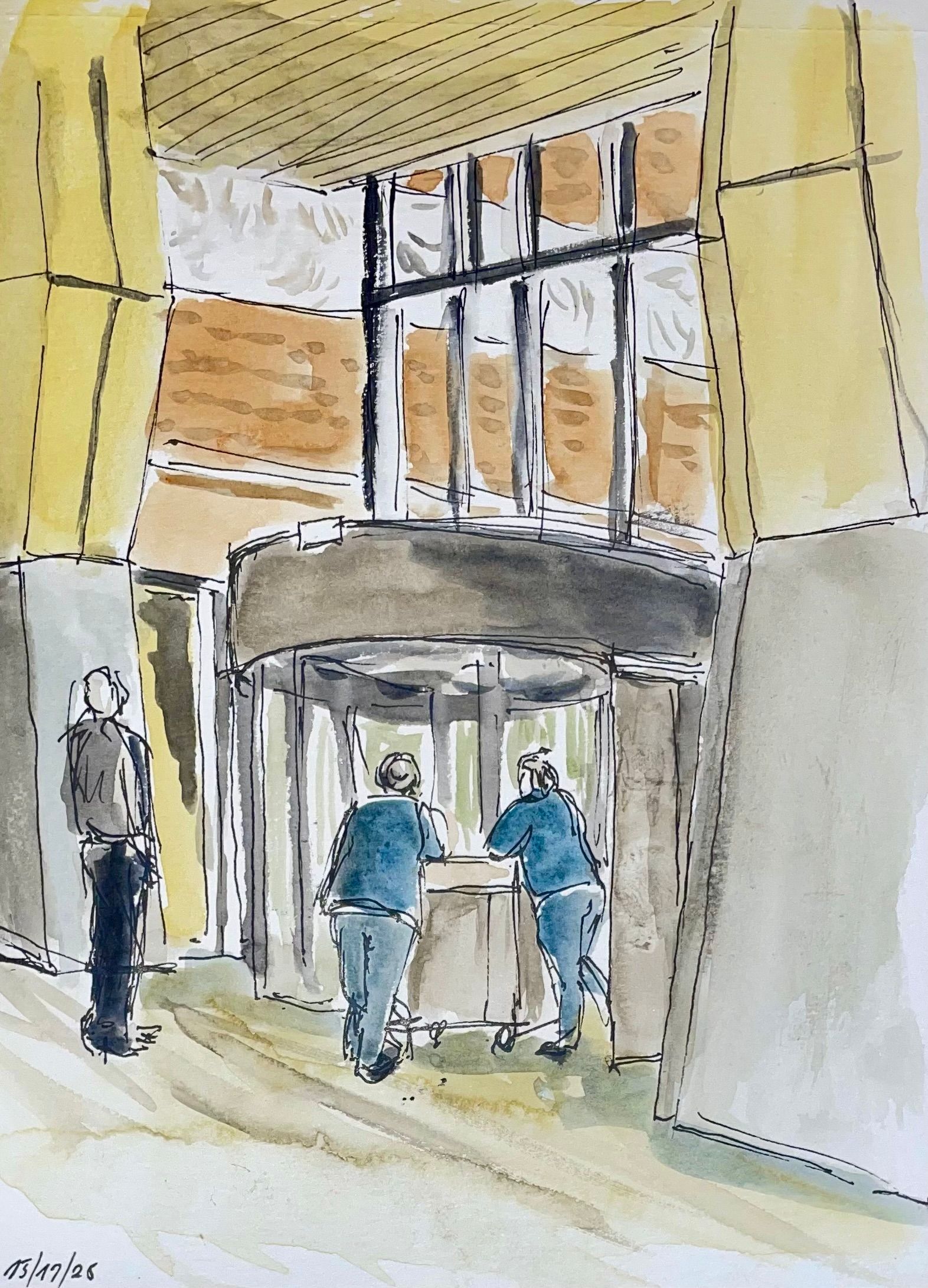 Aquarel van een gebouwinterieur met twee figuren bij een draaideur, een persoon in de buurt en gele muren.