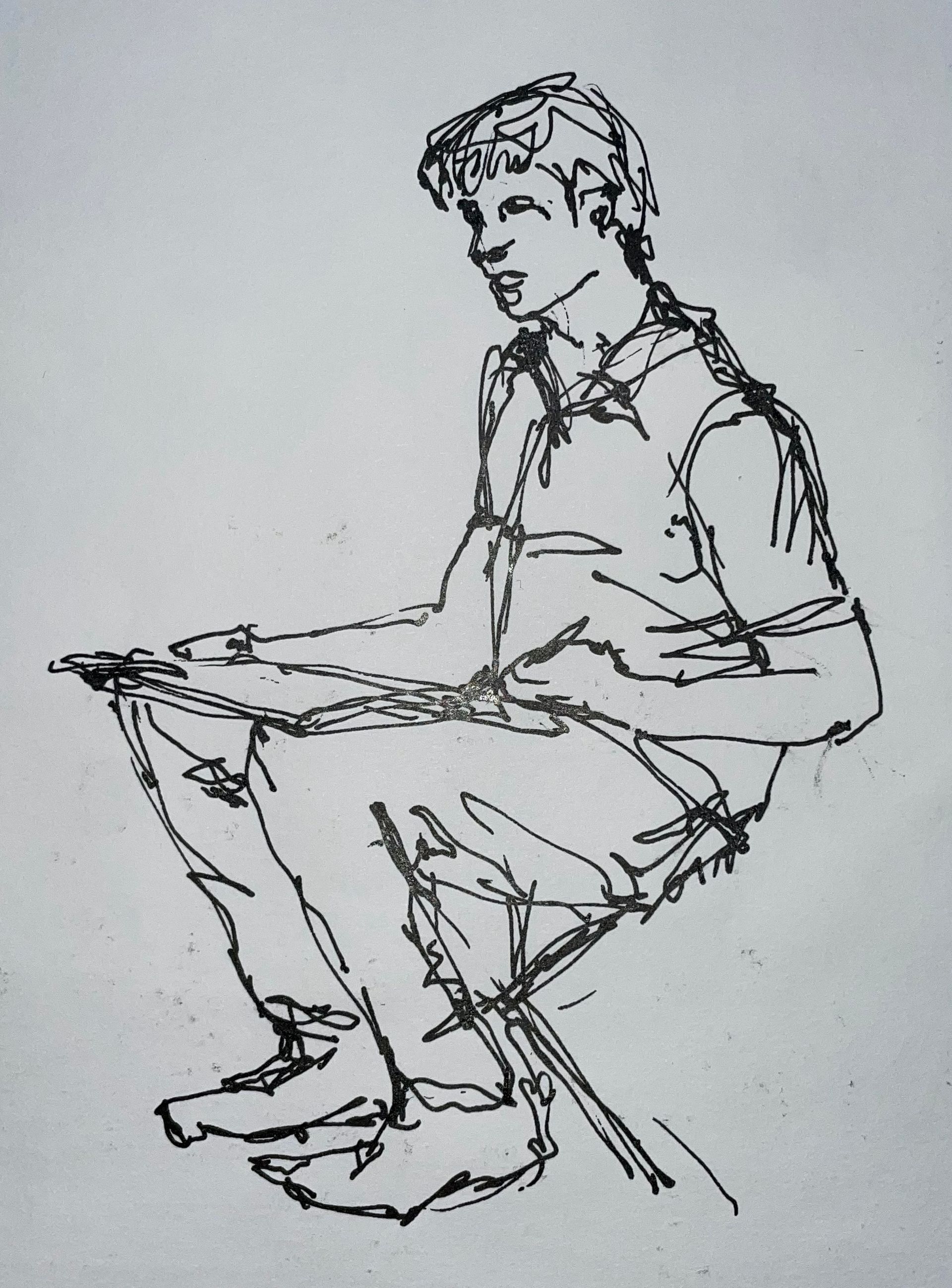 Lijntekening van een persoon die op een klapstoel zit en tekent.