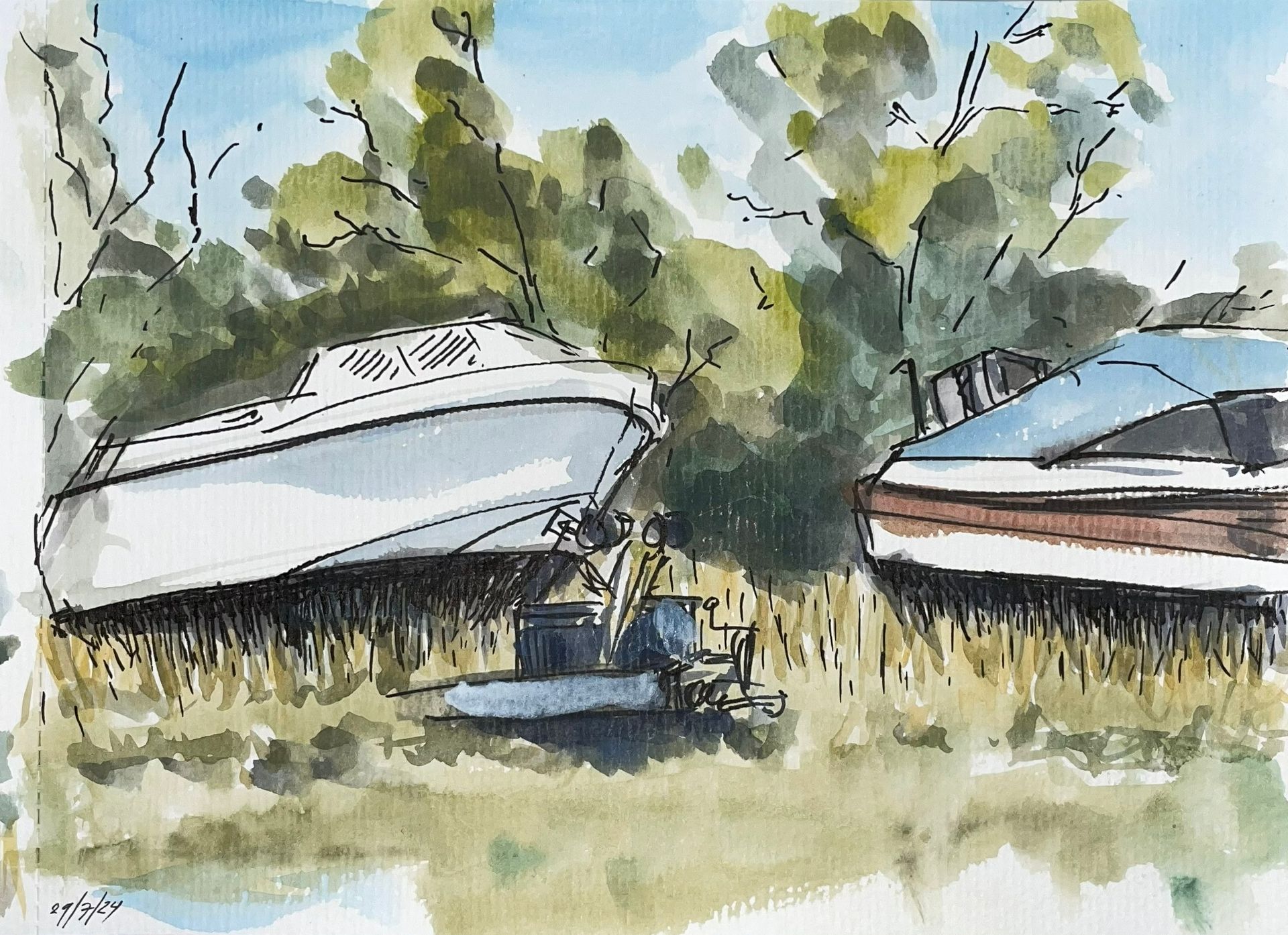 Twee boten op een met gras begroeide oever, met groen gebladerte en lichte aquareltinten.