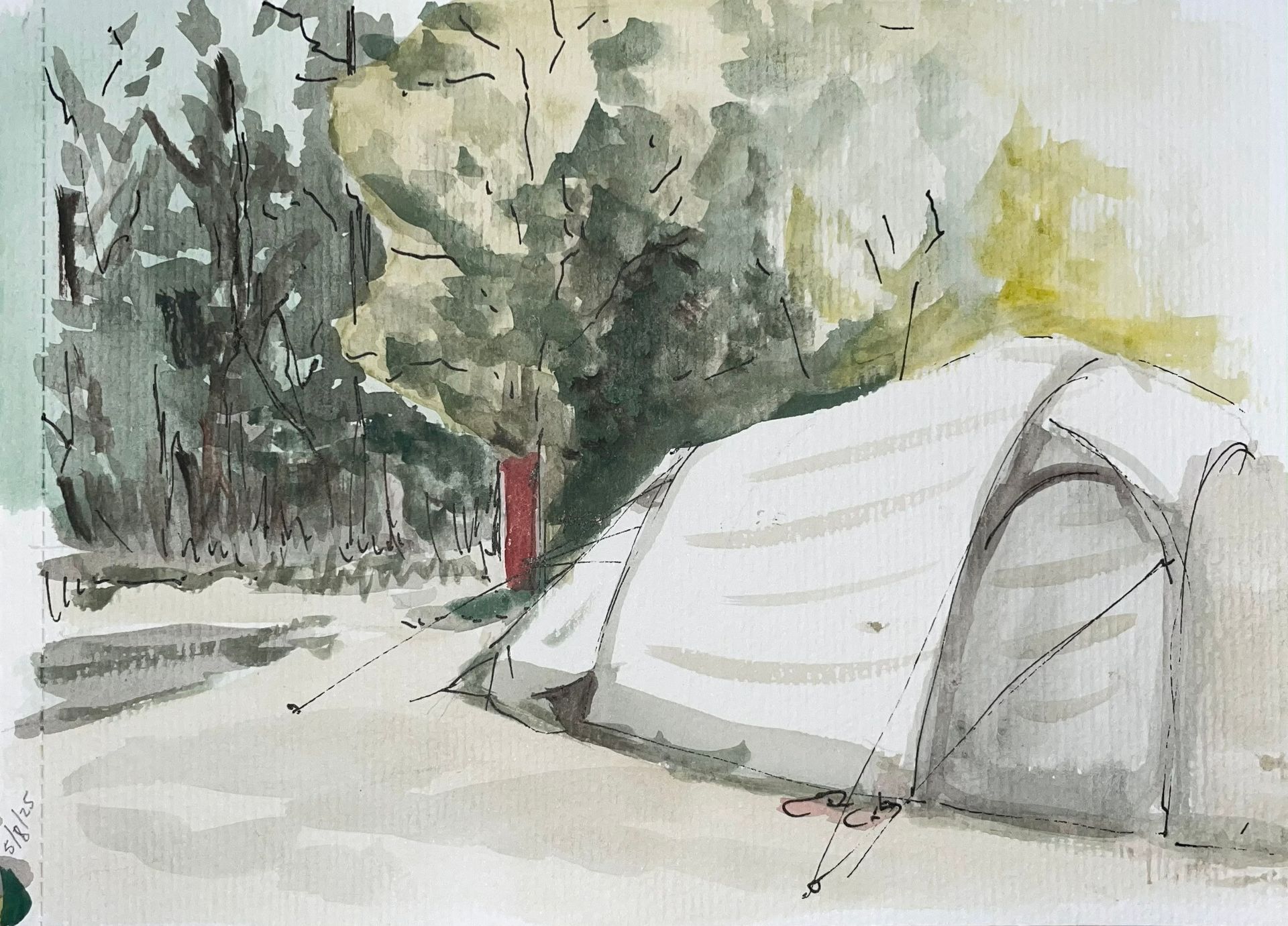Aquarel van een witte tent op een camping, met bomen op de achtergrond.