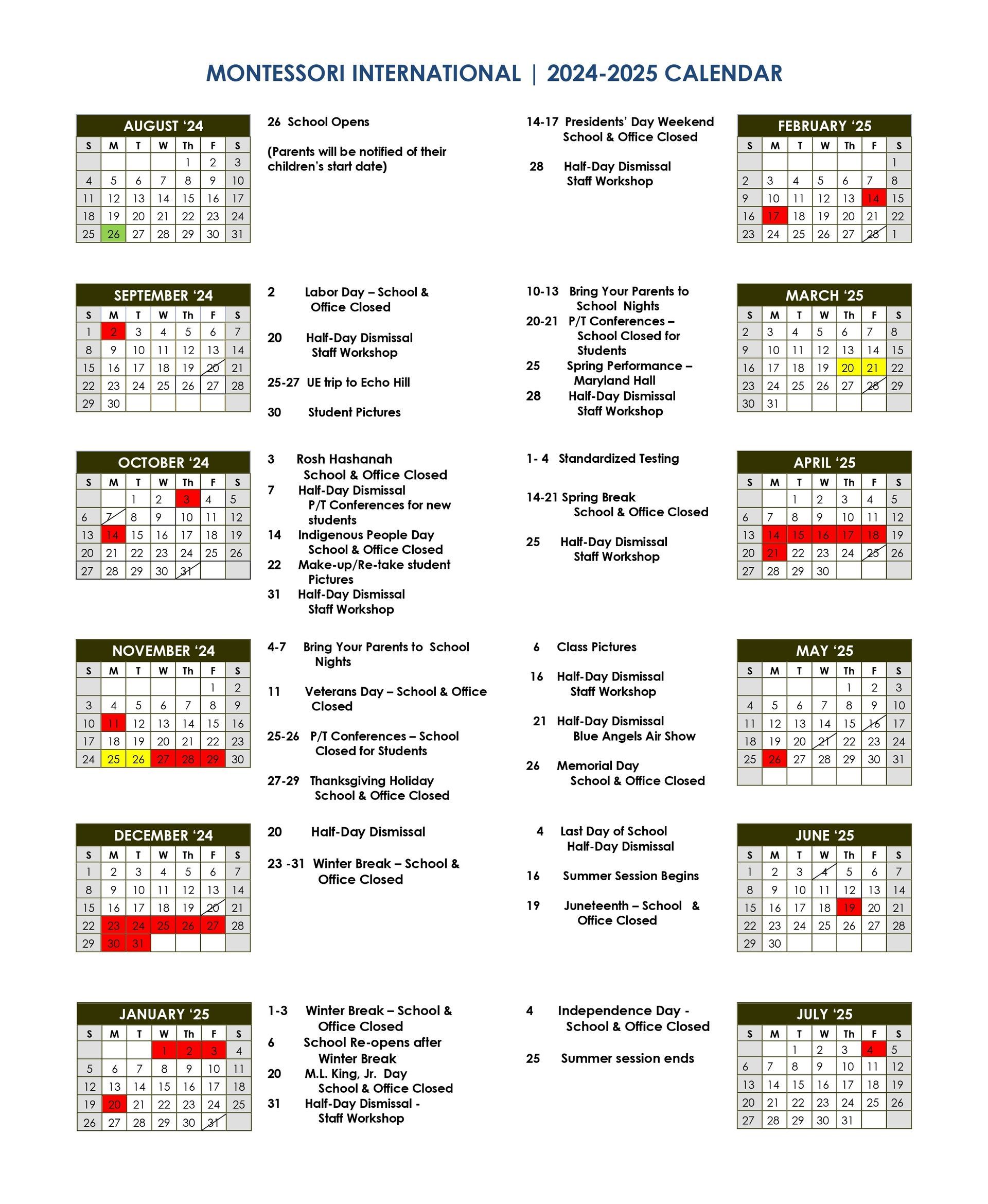 Montessori International Children's House School Calendar