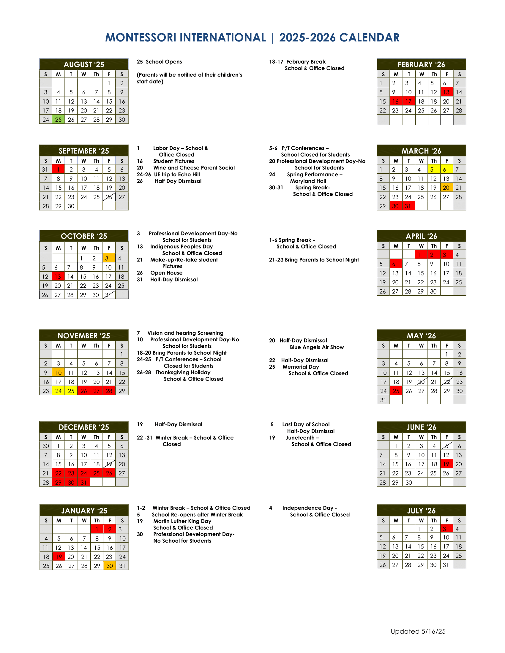Montessori International Children's House School Calendar