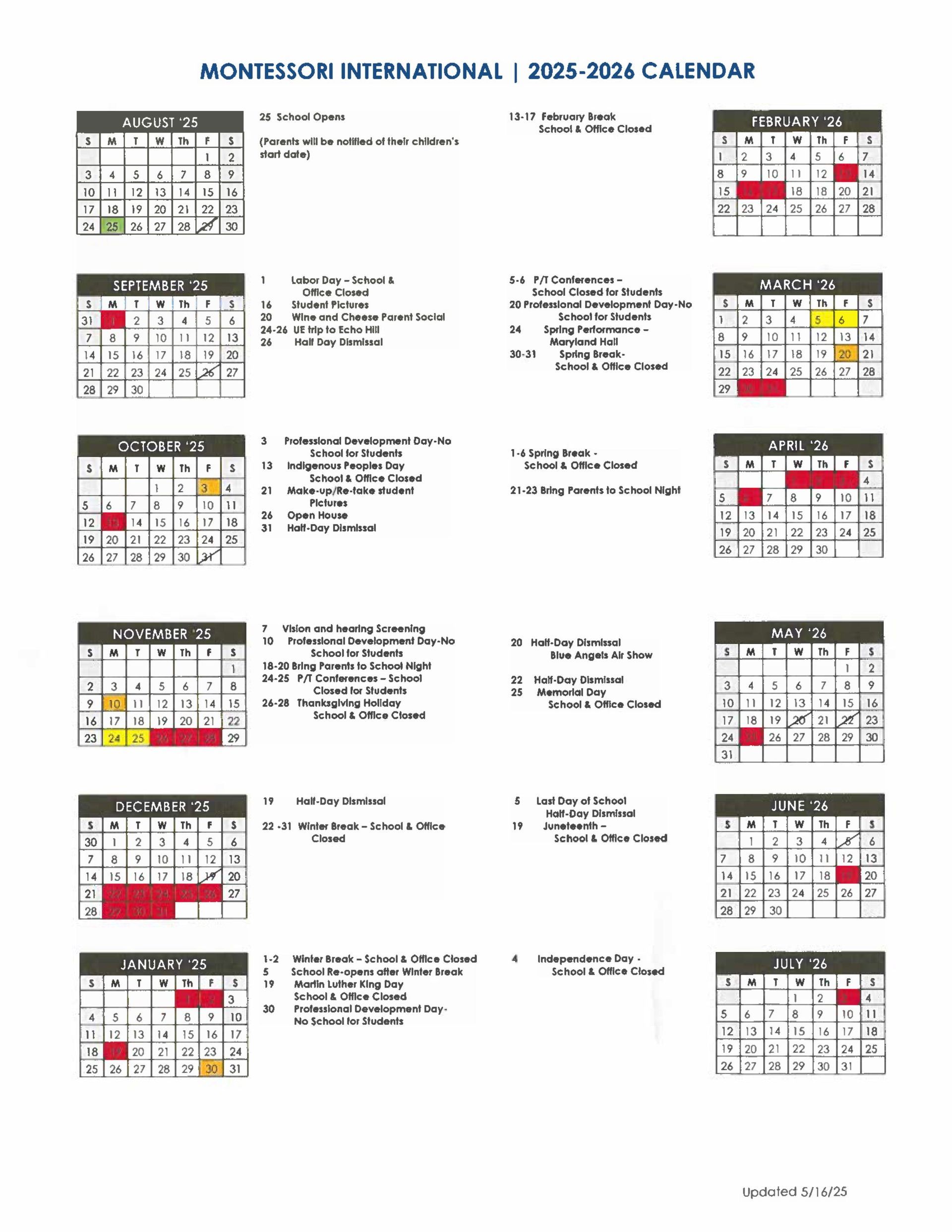 Montessori International Children's House School Calendar